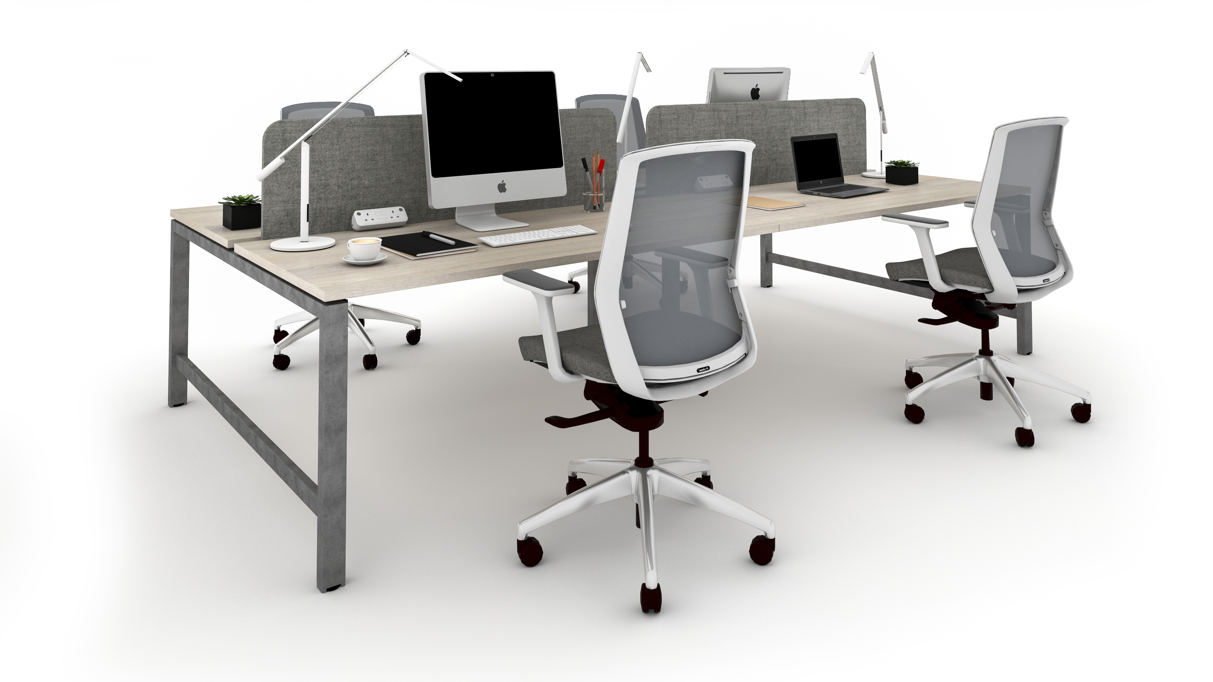 WS - Studio desk - 4pers - Raw frame, Swiss Elm Warm top, Dressed