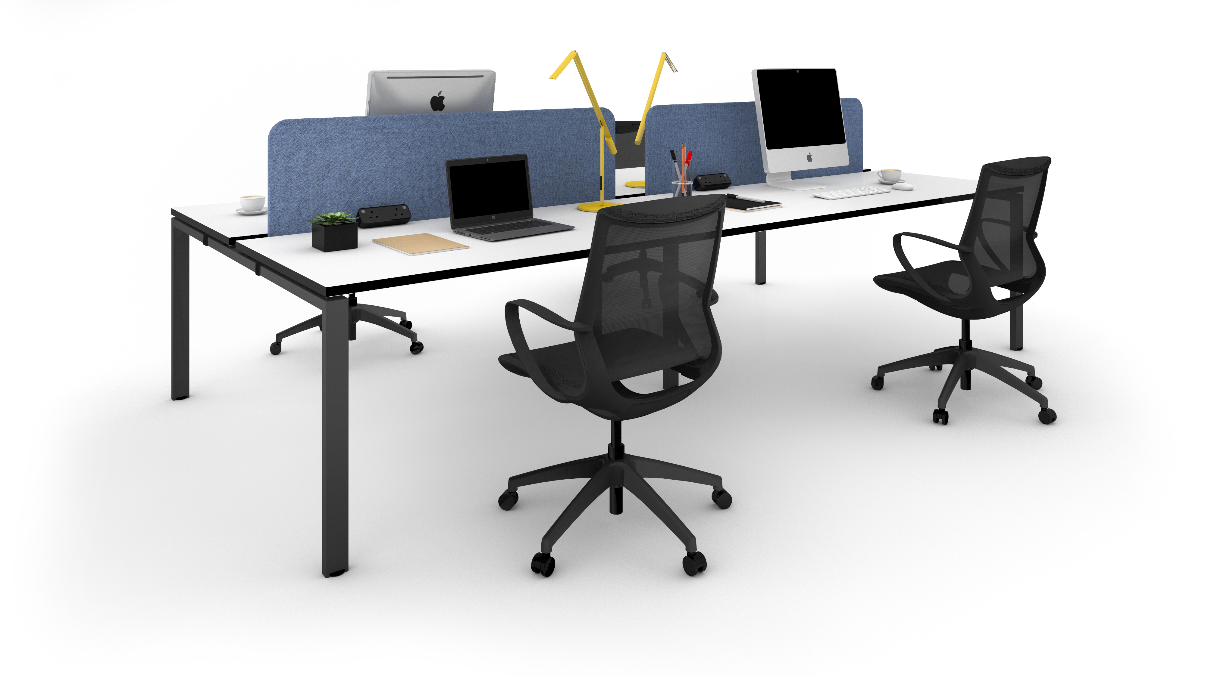 WS - Rail desk - 4pers - Black frame, White top with black edge, Dressed