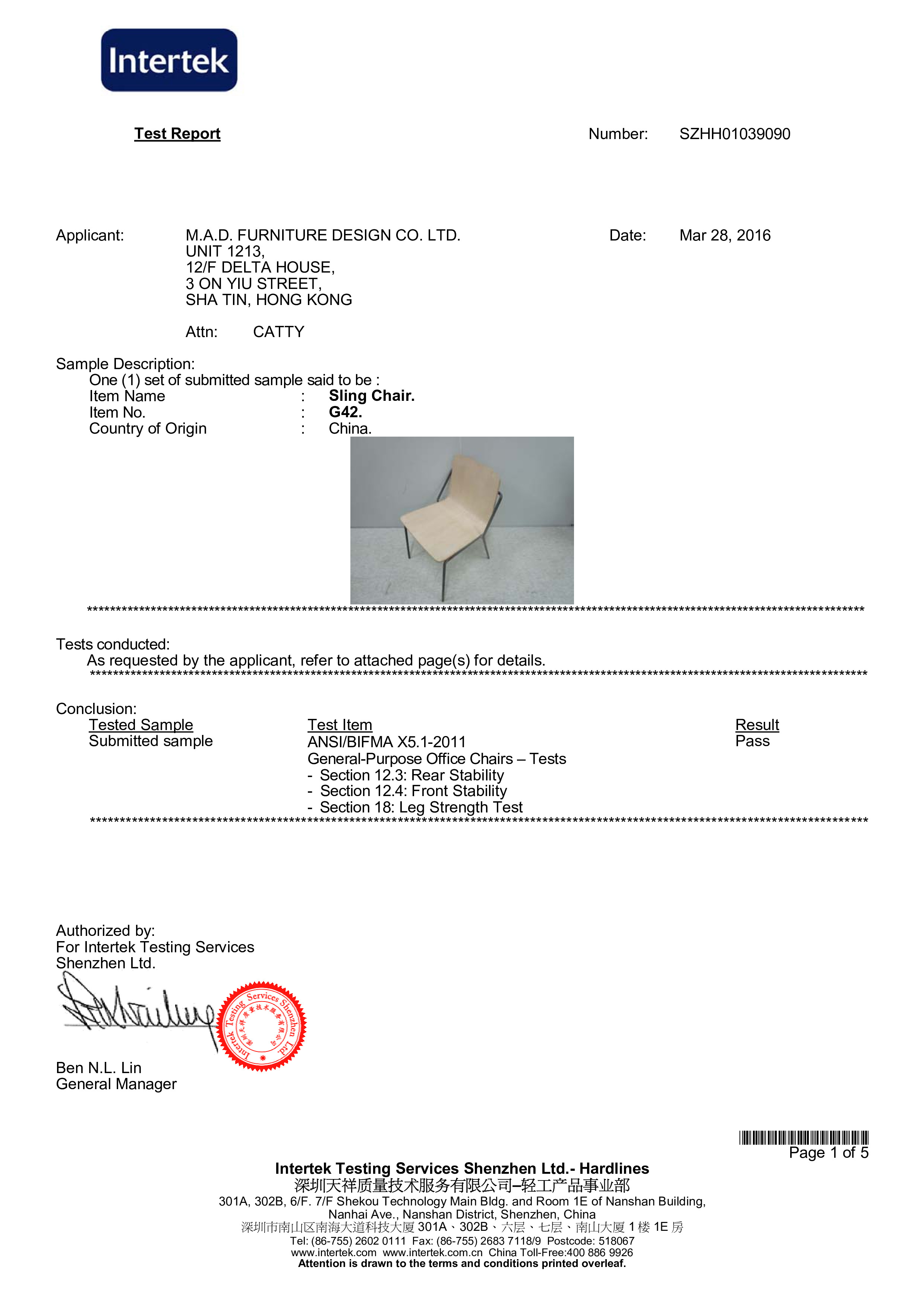 Sling Chair - BIFMA Certificate